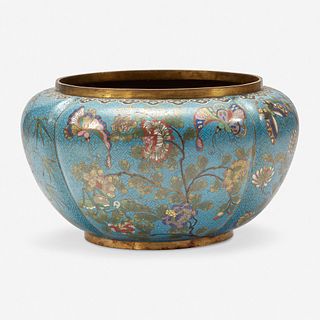 A Chinese turquoise ground lobed jardinière 铜胎松石绿地瓜棱盆
