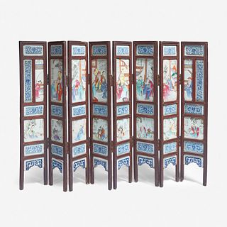 A Chinese famille rose-porcelain mounted eight-panel screen 洋彩八开瓷屏风