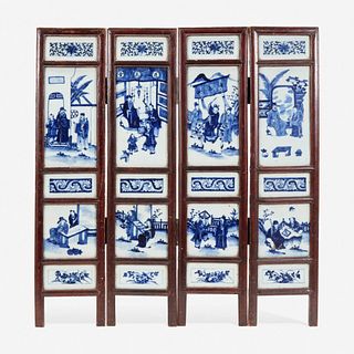 A Chinese blue and white four-panel porcelain screen 中国青花瓷四开屏风