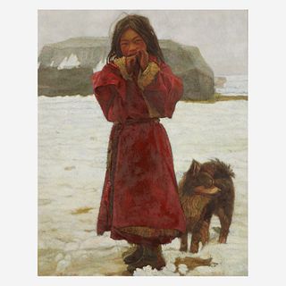 Zhang Xiexiong (Chinese b.1977-) 张谢雄 Tibetan Girl with Dog 油画西藏小女孩与小狗 2000