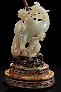 A Chinese jade figure of a phoenix mounted as a lamp 玉凤鸟镶嵌台灯 The jade 18th/early 19th century 玉凤鸟为十八世纪至十九世纪初