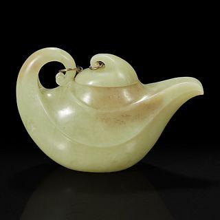 A Chinese yellowish-celadon jade teapot and cover 青黄玉雕带盖茶壶