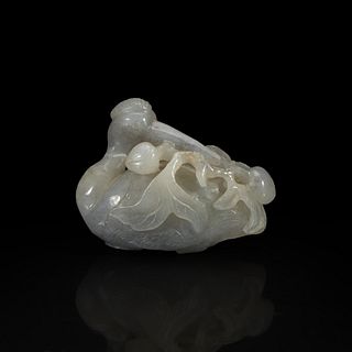 A Chinese pale grey jade crane and peaches group 灰玉雕仙鹤衔仙桃 Qing Dynasty 清