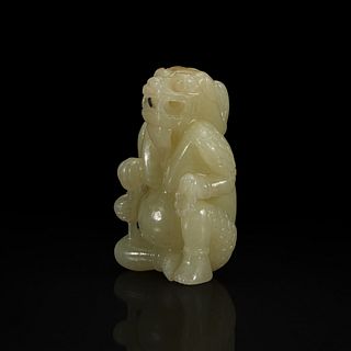 A Chinese Yellowish-pale celadon Jade Mythical Creature 黄玉雕瑞兽