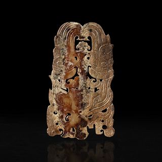 A Chinese archaistic carved beige and brown jade plaque 高古风格棕黄玉佩