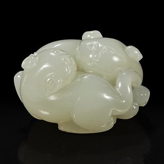 A small Chinese white jade "Cats" toggle 白玉双欢
