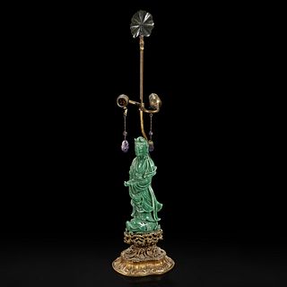 A Chinese carved green aventurine quartz Guanyin, mounted as a lamp 东陵石雕观音