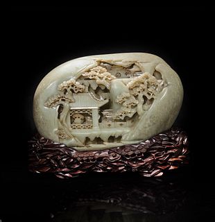 A large Chinese carved greyish celadon jade "Mountain" boulder and carved wood stand 灰青玉山子带底座