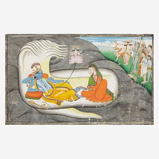 Three Indian miniatures depicting Vishnu and a scene possibly from the Ramayana 毗湿奴袖珍画像三幅 Punjab Hills, 18th-19th century 旁遮普地区 十八至十九世纪
