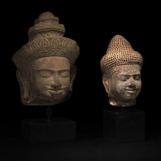 Two Khmer style carved stone heads 高棉风格石雕佛首两件