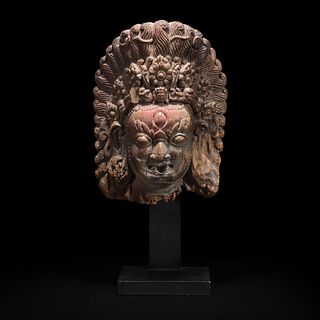 A Nepalese carved wood mask of Bhairava 尼泊尔陪胪木面具 15th-17th century 十五至十七世纪