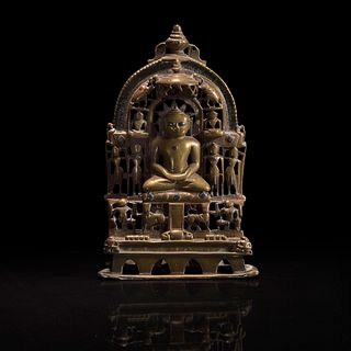 An Indian silver-inlaid brass Jain Shrine 印度耆那教铜嵌银神龛 16th Century (dated equivalent to 1593-4) 十六世纪 (日期为1593或1594年)