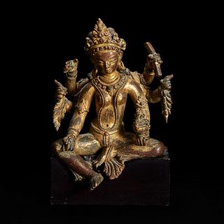 A Nepalese gilt copper alloy figure of Vasudhara 尼泊尔持世菩萨鎏金铜造像 12th century or later 十二世纪或更晚