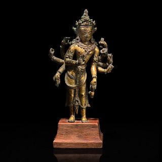 A Nepalese gilt copper alloy figure of Amoghapasha 尼泊尔六臂观音鎏金铜合金造像 12th century or later 十二世纪或更晚