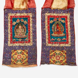 A pair of Tibetan or Nepalese needlework and appliqued silk thanka 西藏或尼泊尔唐卡两幅