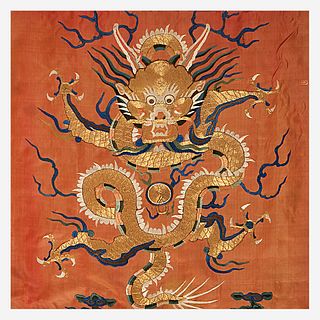 A Sino-Tibetan silk needlework "Dragon" panel 刺绣龙纹