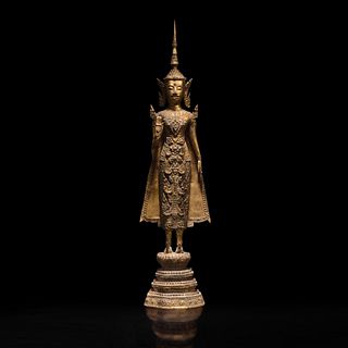 A Thai gilt lacquered bronze standing Buddha 泰国漆金佛造像立像