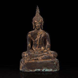 A Thai gilt lacquered bronze seated Buddha 泰国鎏金铜佛造像坐像 