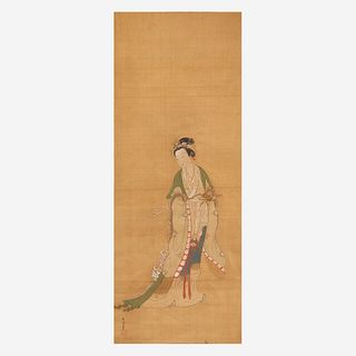 Kano Eisen'in Furunobu (Japanese b.1696-d.1731) 狩野永川 Elegant Maiden with Peach Spray 美人图