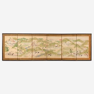 A Japanese six-fold screen depicting hunters in a landscape 日本狩猎图六开屏风 18th/19th century 十八或十九世纪