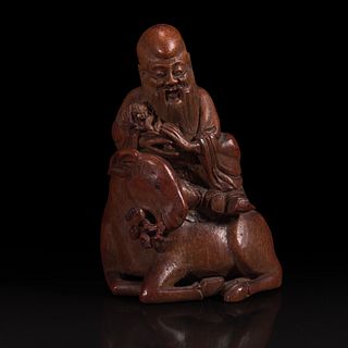 A Chinese carved bamboo figure of Shoulao on deer 寿老骑鹿竹雕 19th century or earlier 十九世纪或更早