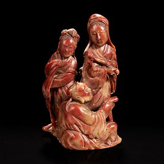 A Chinese carved soapstone figural group 寿山石人物摆件