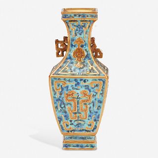 An unusual small Chinese archaistic enameled and gilt porcelain cabinet vase 倣古风格珐琅彩花瓶 Six-character "Da Qing Qianlong yuzhi" seal mark “大清乾隆御制”六字款