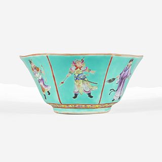 A Chinese turquoise ground "Six Heroes" porcelain bowl 松石绿釉粉彩人物碗