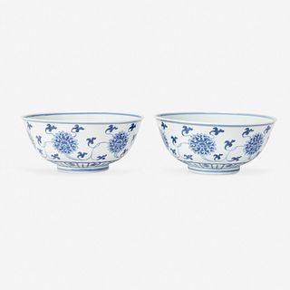 A pair of Chinese blue and white porcelain bowls 青花缠枝莲纹碗一对 Daoguang mark and probably of the period 道光款 或请道光