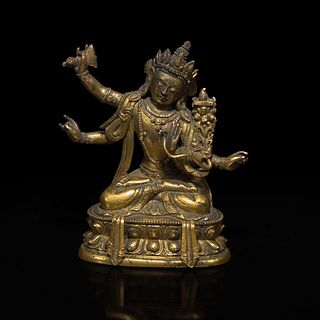 A small Sino-Tibetan gilt bronze figure of Manjusri 文殊菩萨铜鎏金造像 18th century 十八世纪