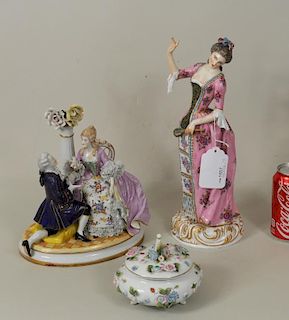 Two Meissen Porcelain Figures & Limoges Sugar Bowl