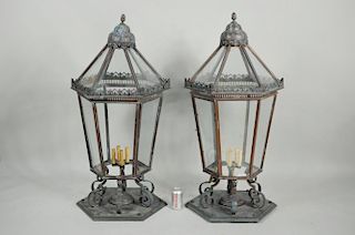 Pair Large Copper/Brass Standing Post Lanterns