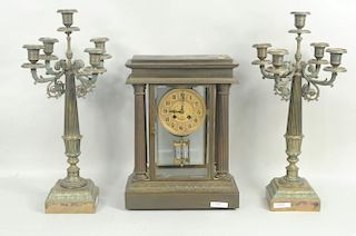 A.D. Mougin French Brass Mantle Clock Garniture