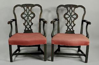 Pair Chippendale Style Carved Arm Chairs
