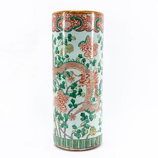 CHINESE FAMILLE VERTE FLORAL DRAGON UMBRELLA STAND