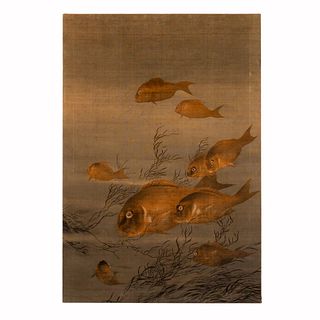 CHINESE STRETCHED WOVEN WALL HANGING, FISH