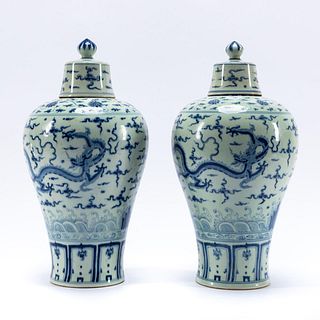 PAIR, CHINESE BLUE & WHITE LIDDED TEMPLE JARS