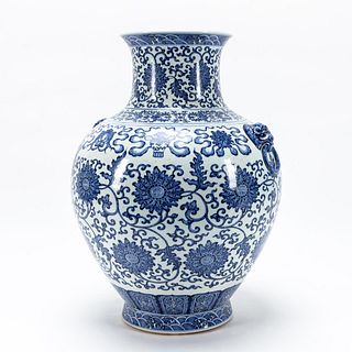 LARGE CHINESE BLUE & WHITE FLORAL & SHOU VASE