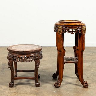 2 CHINESE CARVED HARDWOOD TABLES, ONE WITH MARBLE