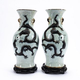 PAIR, CHINESE CRACKLE GLAZE DRAGONS & PEARL VASES