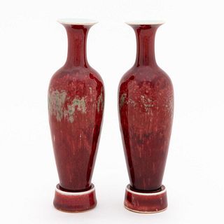 CHINESE PEACH BLOOM LIUYEPING VASES ON STANDS, 4PC