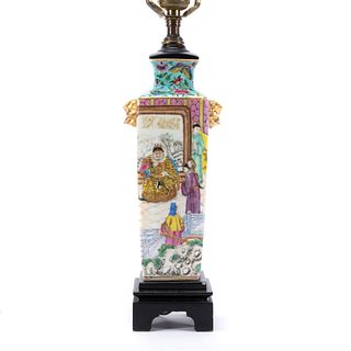 SMALL CHINESE PORCELAIN VASE AS LAMP, COURT SCENE