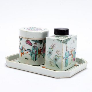 CHINESE FAMILLE ROSE CANNISTER, TEA CADDY, & TRAY