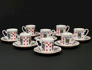 SET OF EIGHT STAFFORDSHIRE PORCELAIN COFFEE CANS AND SAUCERS