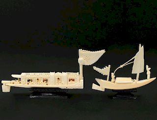 TWO CARVED IVORY BOATS