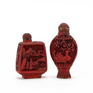 CHINESE TWO CARVED CINNABAR SNUFF BOTTLES