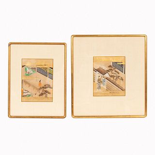 TWO JAPANESE SCHOOL COURT SCENES WITH GOLD LEAF