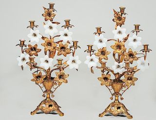PAIR OF GILT METAL AND GLASS SEVEN LIGHT CANDELABRAS