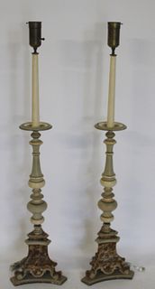 A Pair Of Antique Spricket Style Paint & Carved