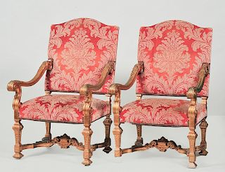 PAIR OF LOUIS XIV STYLE GILT ARM CHAIRS